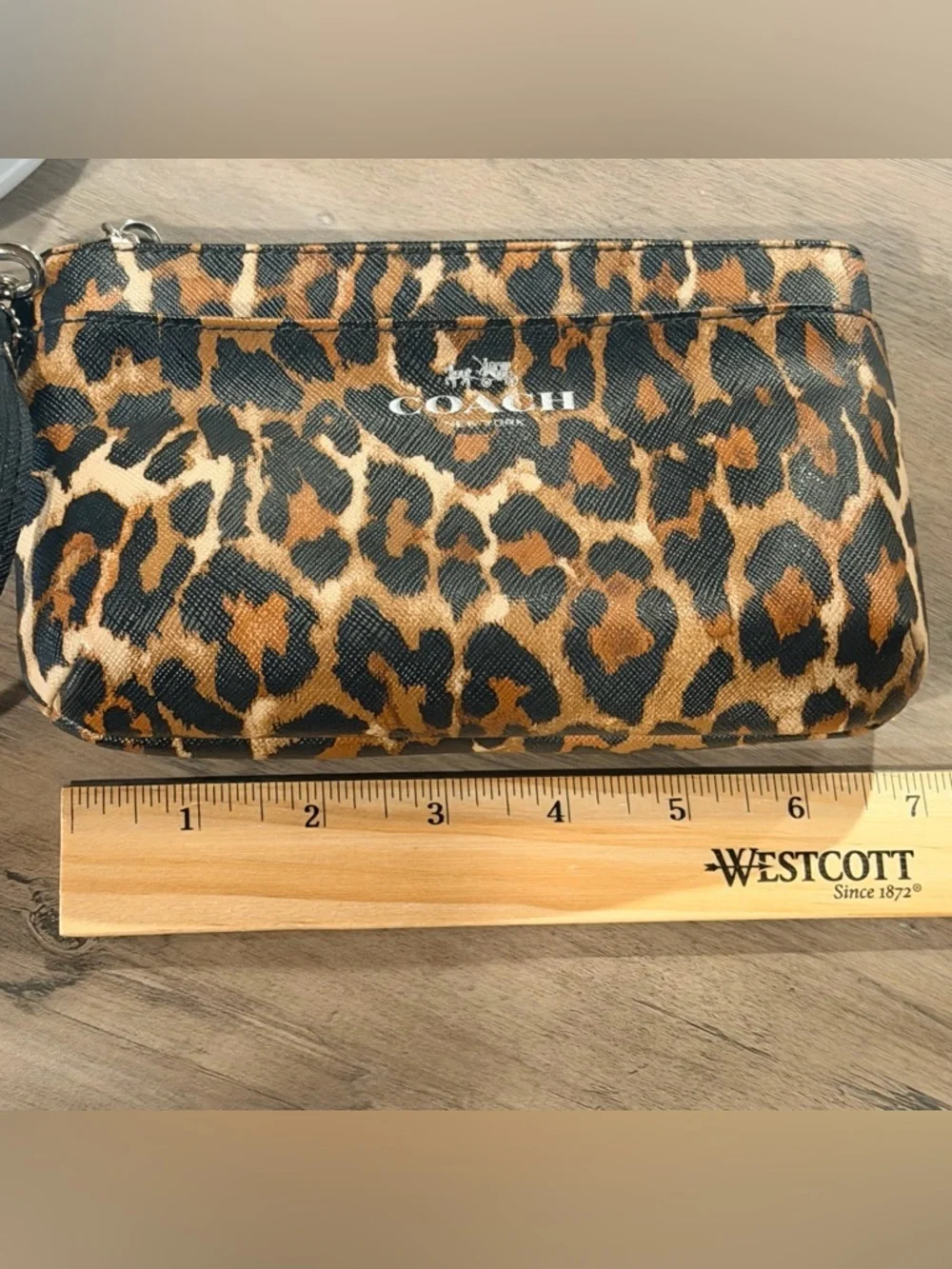 Coach Ocelot Leopard Print Wristlet with Front Pocket - Silver Tone